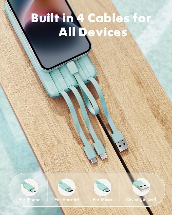 charmast 10000mAh Portable Charger,Built-in 4 Cables,6 Outputs/3 Inputs,3A Fast Charging,Compatible with iPhone,iPad,Samsung,Pixel,LG