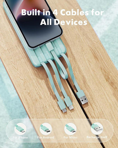 charmast 10000mAh Portable Charger,Built-in 4 Cables,6 Outputs/3 Inputs,3A Fast Charging,Compatible with iPhone,iPad,Samsung,Pixel,LG