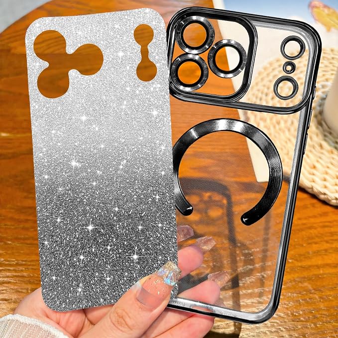 Hython for iPhone 17 Pro Max Case Glitter Clear Magnetic Phone Cases [Compatible with MagSafe] Full Camera Lens Protector Sparkle Luxury Plating Slim Shockproof Protective Cover Women, Gradient Black