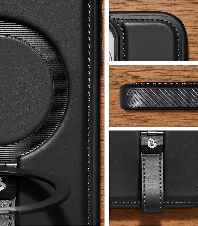 for iPhone 17 Leather Case with Stand, Anti-Slip Grip Ring, Fits for MagSafe (Black, iPhone 17)