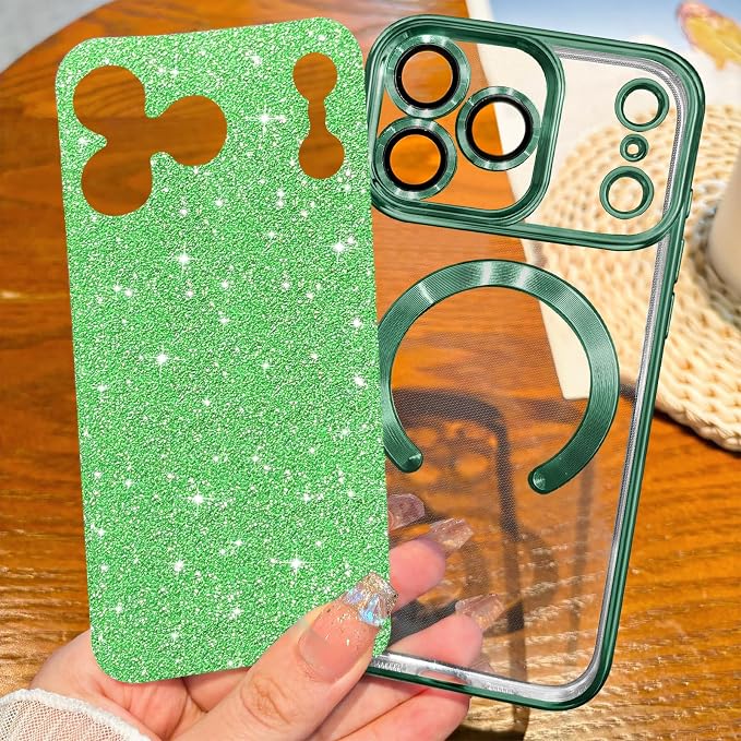 Hython for iPhone 17 Pro Case Glitter Clear Magnetic Phone Cases [Compatible with MagSafe] Full Camera Lens Protector Sparkle Luxury Plating Slim Shockproof Protective Cover Women, Green
