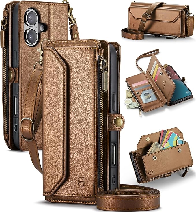 Strapurs Wallet Case Compatible with iPhone 16 6.1" RFID Blocking 7-Card Holder Soft PU Leather Magnetic Snap Shoulder Strap Zipper Pocket Phone Case Fit for iPhone 16 for Women - Brown