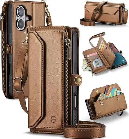 Strapurs Wallet Case Compatible with iPhone 16 6.1" RFID Blocking 7-Card Holder Soft PU Leather Magnetic Snap Shoulder Strap Zipper Pocket Phone Case Fit for iPhone 16 for Women - Brown