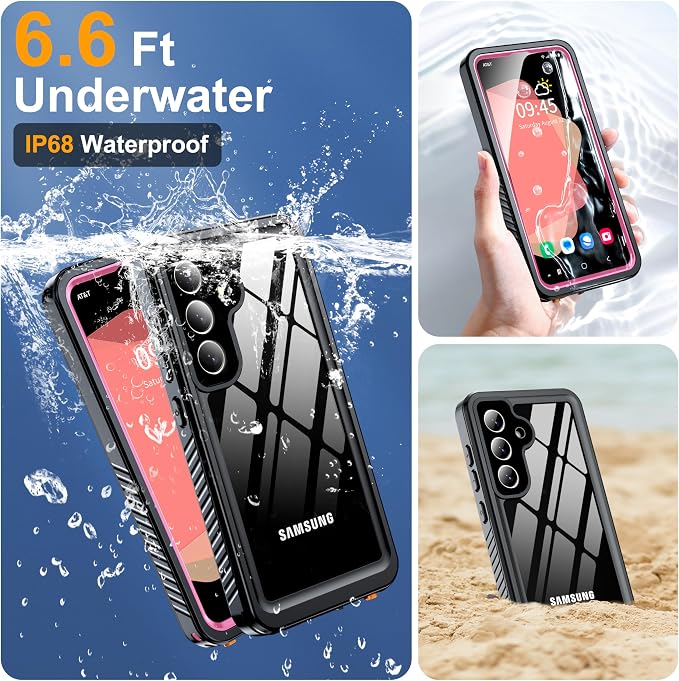 GOLDJU for Samsung Galaxy S25 Plus Case Waterproof,IP68 Waterproof Dustproof Case with Built-in Screen Protector, Full Body Protective Phone Cover for Galaxy S25 Plus 6.6 Inch, Pink/Clear