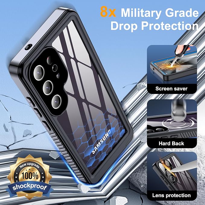 GOLDJU for Samsung Galaxy S25 Ultra Case Waterproof,IP68 Waterproof Dustproof Case with Built-in Screen Protector, Full Body Protective Phone Cover for Galaxy S25 Ultra 6.9 Inch, Blue/Clear