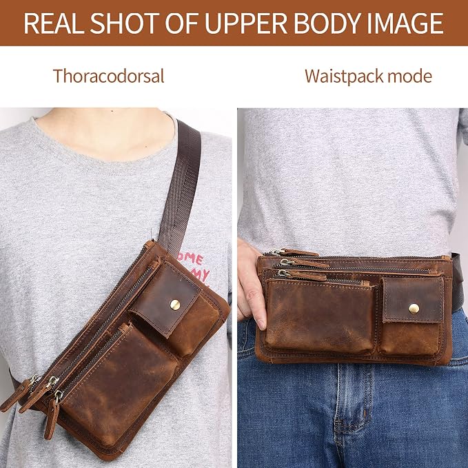 KPYWZER Vintage Leather Waist Bag Fanny Pack for Men Women Hip Bum Bag Belt Slim Cell Phone Purse Wallet Vintage Retro Crossbody Sling Pouch Deep Brown