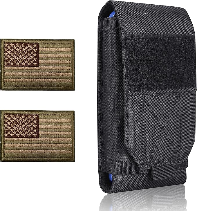 Black Tactical Molle Cellphone Pouch Case,Heavy Duty Waterproof Phone Holster Bag for iPhone 11 12 13 Pro Max for Samsung S22 S21 S20 FE Note 20 A02S Less 6.7" Phone with 2 Pack US Flag Patch