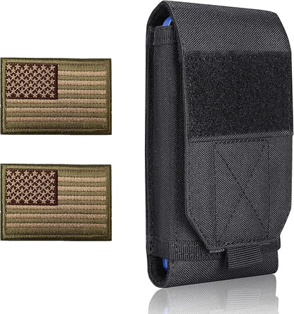 Black Tactical Molle Cellphone Pouch Case,Heavy Duty Waterproof Phone Holster Bag for iPhone 11 12 13 Pro Max for Samsung S22 S21 S20 FE Note 20 A02S Less 6.7" Phone with 2 Pack US Flag Patch