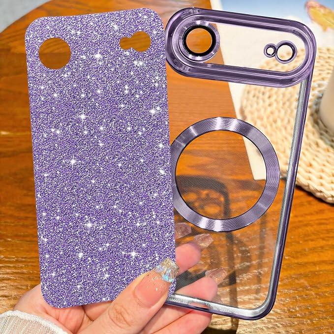 Hython for iPhone Air Case Glitter Clear Magnetic Phone Cases [Compatible with MagSafe] Full Camera Lens Protector Sparkle Luxury Plating Slim Shockproof Protective Cover Women, Purple