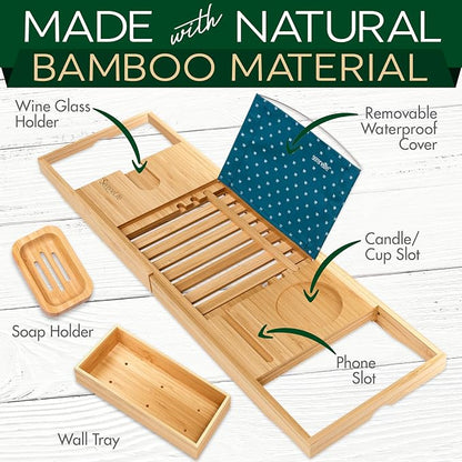 SereneLife Premium Bathtub Tray Caddy with Gift Box and Bow Set, Expandable Bath Tray, Unique House Warming Gifts for Mom, Women, Wedding, Anniversary, Bridal Shower, Fit for All Tub - Classic