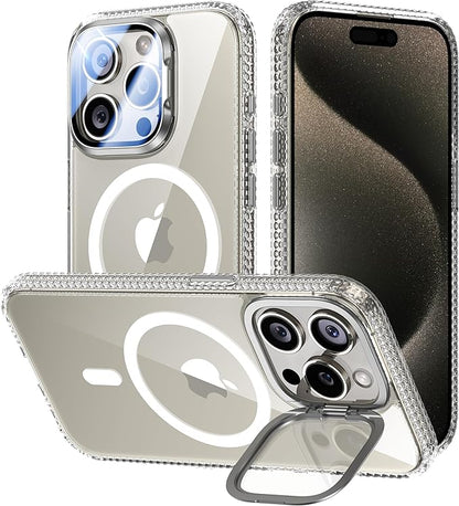 [Upgraded] for iPhone 15 Pro Max Case with Camera Cover Stand [Fit for MagSafe][9H Camera Lens Protector] Mil-Grade Protection Transparent Magnetic iPhone 15 Pro Max Phone Case, Clear
