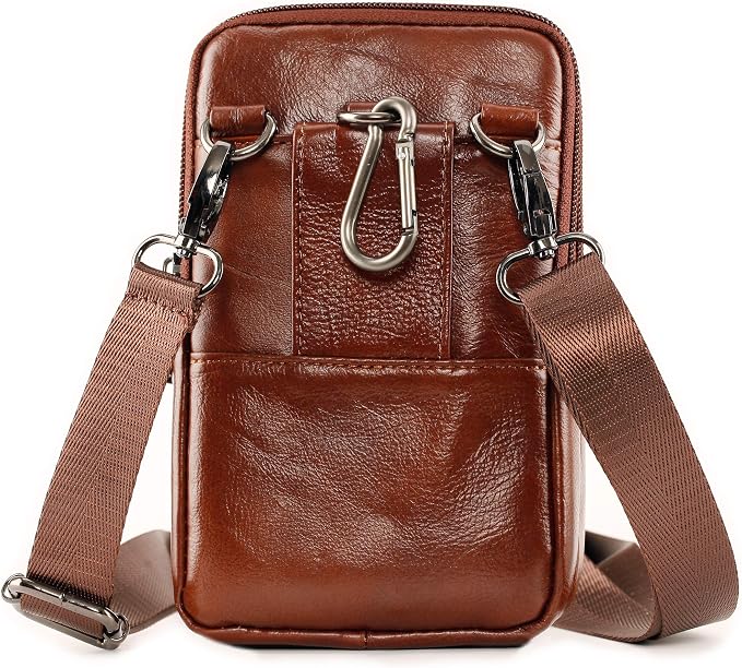 Leather Cell Phone Wallet Shoulder Holster,Hip Bum Pack Pouch Belt Pouch Bolso para Hombre Crossbody Bag for Men with Card Slots Compatible with iPhone (Brown)