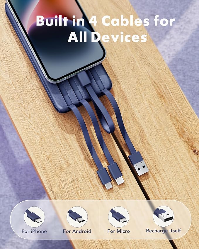 charmast 10000mAh Portable Charger,Built-in 4 Cables,6 Outputs/3 Inputs,3A Fast Charging,Compatible with iPhone,iPad,Samsung,Pixel,LG