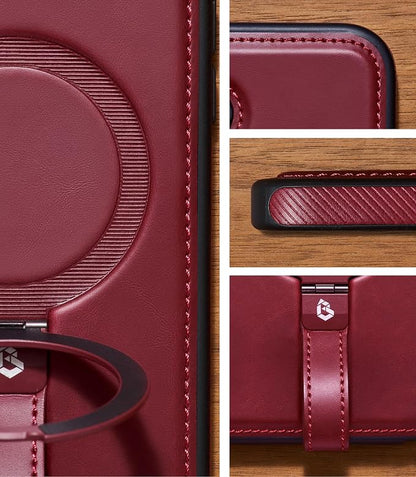 for iPhone 17 Leather Case with Stand, Anti-Slip Grip Ring, Fits for MagSafe (Burgundy, iPhone 17)