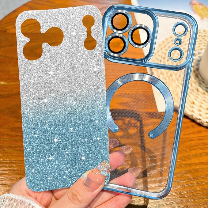 Hython for iPhone 17 Pro Case Glitter Clear Magnetic Phone Cases [Compatible with MagSafe] Full Camera Lens Protector Sparkle Luxury Plating Slim Shockproof Protective Cover, Gradient Light Blue
