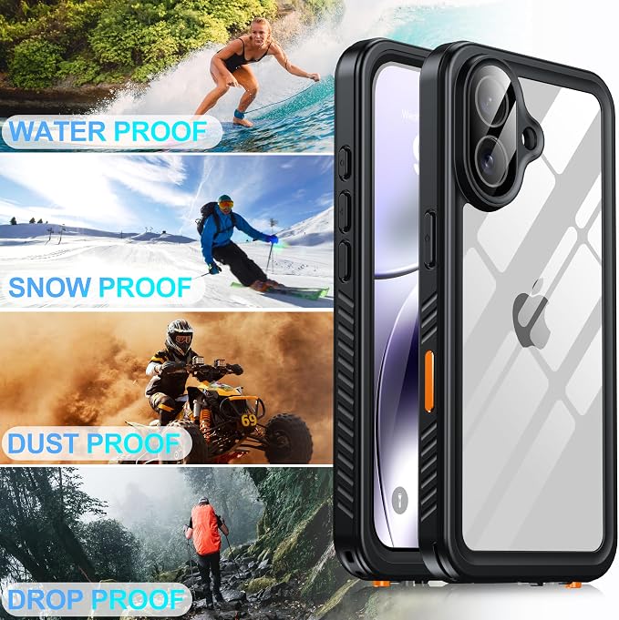 ANTSHARE for iPhone 16 Case, Waterproof Built-in Screen Protector, [12 FT Military Drop Proof] [Full Body Shockproof] [Dustproof] [IP68 Underwater] Phone Case for iPhone 16 6.1''- Black/Clear