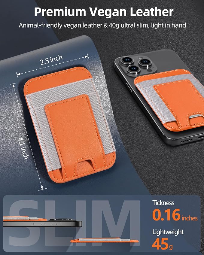 ExtreLife Upgraded for Magsafe Wallet, Stronger Magnetic Wallet for iPhone 17/16/15/14/13/12 Series, for iPhone Magsafe Wallets, Vegan Leather, Fit 7 Cards, Orange+Gray