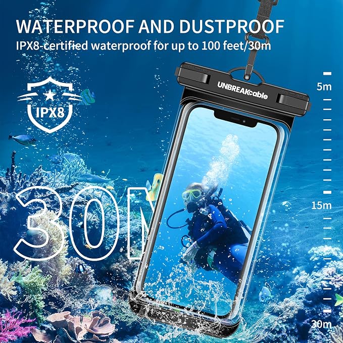UNBREAKcable Waterproof Phone Pouch-2 Pack IPX8 Waterproof Phone Case for iPhone 16 15 14 13 12 11 Pro Max & Samsung S25 S24 S23-Dry Bag & Travel Essentials for Beach, Pool, Kayak & Cruise-7" Black