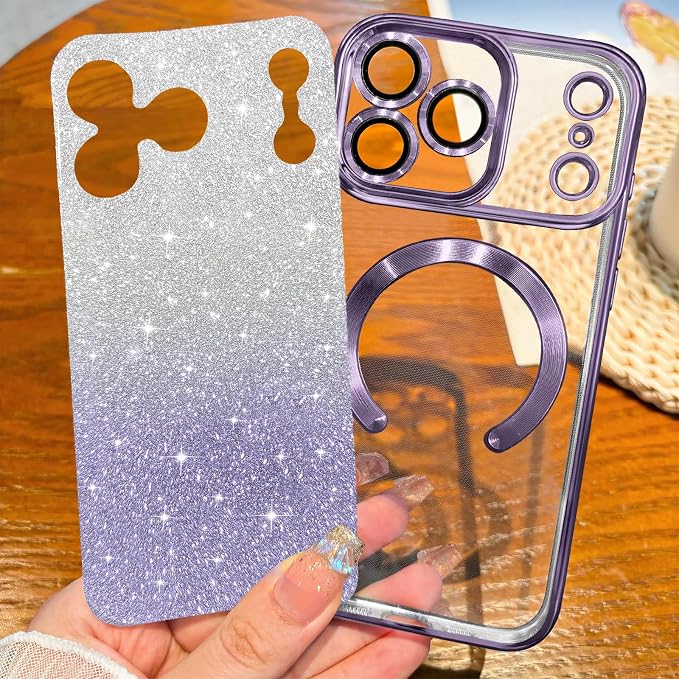 Hython for iPhone 17 Pro Case Glitter Clear Magnetic Phone Cases [Compatible with MagSafe] Full Camera Lens Protector Sparkle Luxury Plating Slim Shockproof Protective Cover Women, Gradient Purple