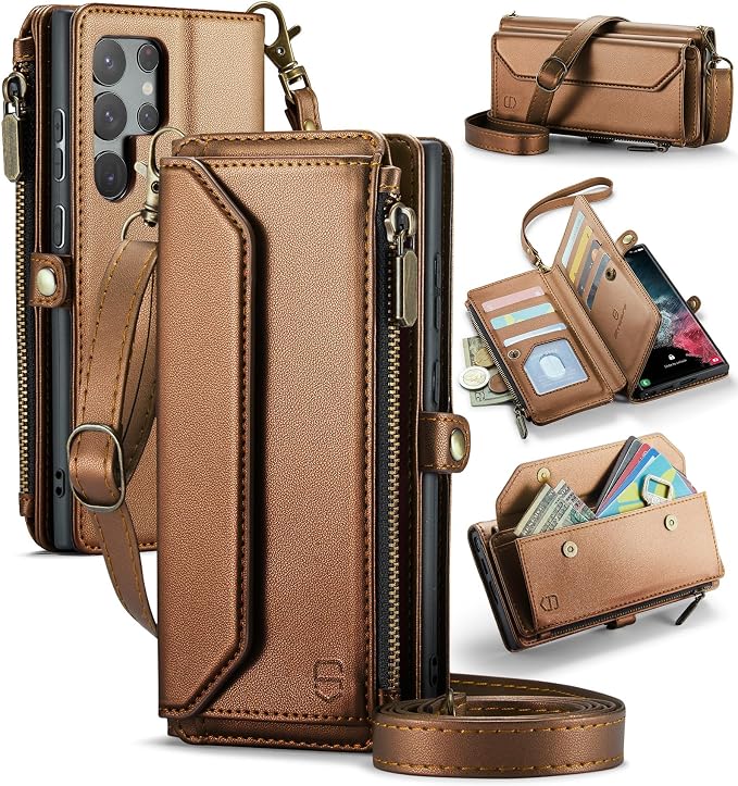 Strapurs Crossbody Wallet Case Compatible with Samsung Galaxy S22 Ultra 5G RFID Blocking 10-Card Holder Soft PU Leather Magnetic Snap Strap Zipper Pocket Phone Case Fit for Galaxy S22 Ultra - Brown