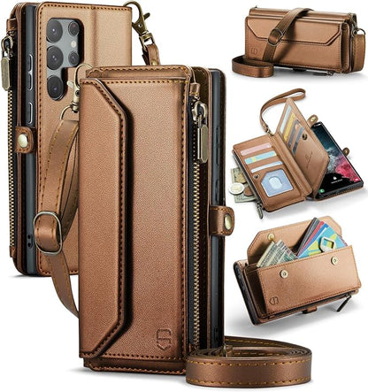 Strapurs Crossbody Wallet Case Compatible with Samsung Galaxy S22 Ultra 5G RFID Blocking 10-Card Holder Soft PU Leather Magnetic Snap Strap Zipper Pocket Phone Case Fit for Galaxy S22 Ultra - Brown