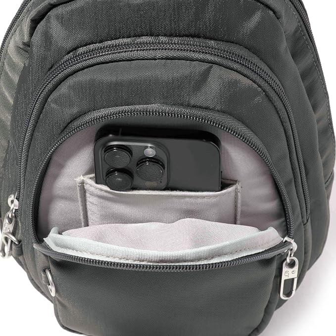 Baggallini Securtex® Anti-Theft Multi Zip Sling - Lightweight 8.6"x15.2" Travel Bag with Locking Zippers & RFID Protection