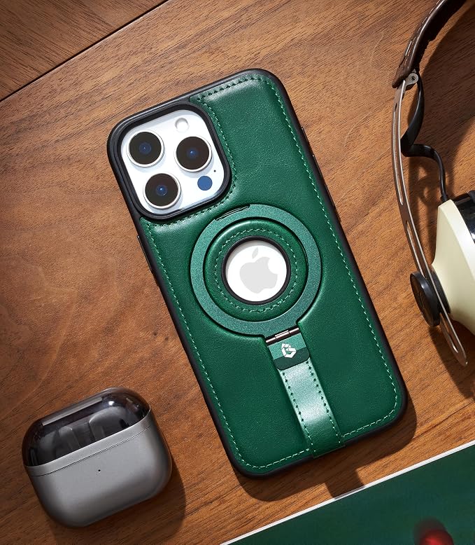 for iPhone 14 Pro Leather Case with Stand, Anti-Slip Grip Ring, Fits for MagSafe (Green, iPhone 14 Pro)