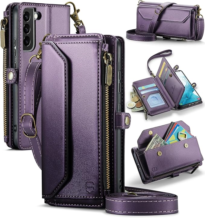 Strapurs Crossbody Wallet Case Compatible with Samsung Galaxy S22 5G RFID Blocking Card Holder Soft PU Leather Magnetic Snap Shoulder Strap Zipper Pocket Phone Case Fit for Galaxy S22 6.1" - Purple
