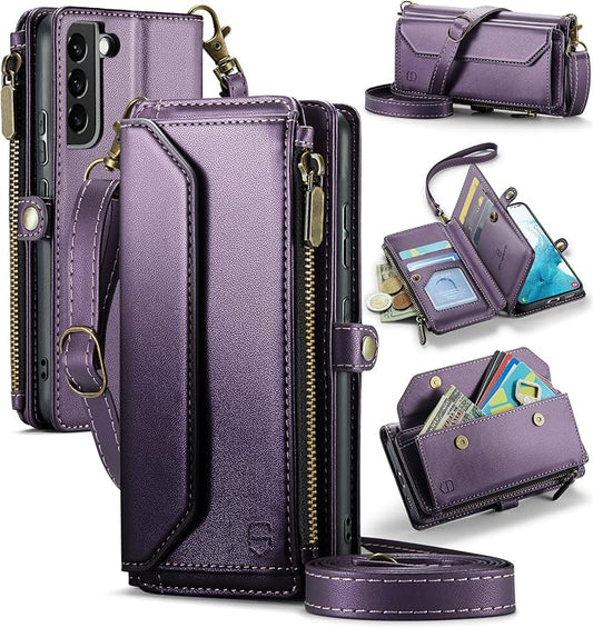 Strapurs Crossbody Wallet Case Compatible with Samsung Galaxy S22 5G RFID Blocking Card Holder Soft PU Leather Magnetic Snap Shoulder Strap Zipper Pocket Phone Case Fit for Galaxy S22 6.1" - Purple