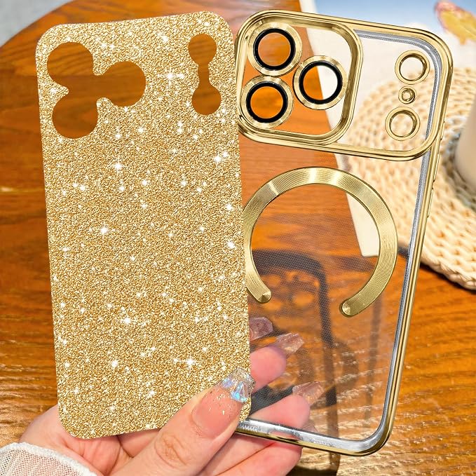 Hython for iPhone 17 Pro Max Case Glitter Clear Magnetic Phone Cases [Compatible with MagSafe] Full Camera Lens Protector Sparkle Luxury Plating Slim Shockproof Protective Cover Women, Gold