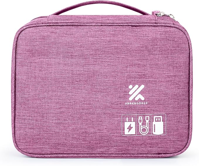 Travel Cable Organizer Bag for Adapters, Cords, and Phone, Mobile Device, Gaming, and Tech Accessories, Waterproof Compact and Portable Storage for Audio and Visual Cabling (Purple)