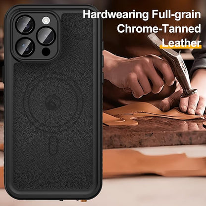 GOLDJU 2025 New Designed for iPhone 15 Pro Max Leather Case Waterproof, [Built-in Screen Protector, ][Compatible with MagSafe] Full Body Shockproof Protective Cover for iPhone 15 Pro Max 6.7''- Black