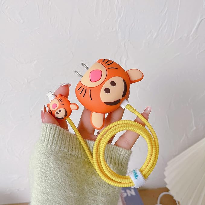 3D Cute Cartoon Charger Protector Case - Compatible for Apple 20W USB-C Power Adapter and Lightning Cable (Orange Tiger)