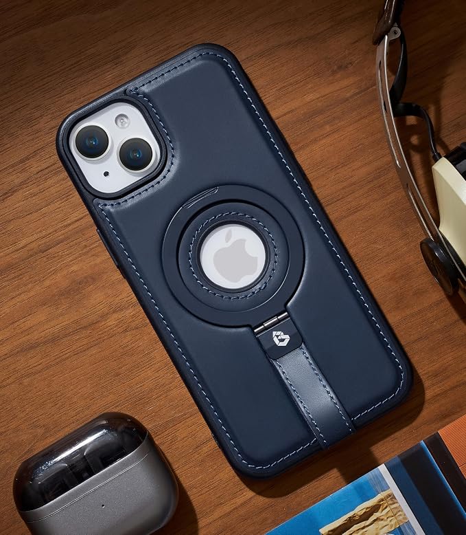 for iPhone 15 Plus/iPhone 14 Plus Leather Case with Stand, Anti-Slip Grip Ring, Fits for MagSafe (Blue, iPhone 15/14 Plus)