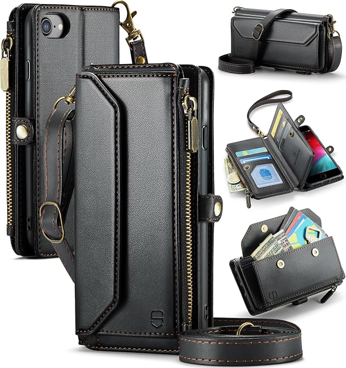 Strapurs Crossbody Wallet Case Compatible with iPhone SE/7/8 RFID Blocking 7-Card Holder Soft PU Leather Magnetic Snap Shoulder Strap Zipper Pocket Phone Cases Fit for iPhone SE 2020 2022 - Black