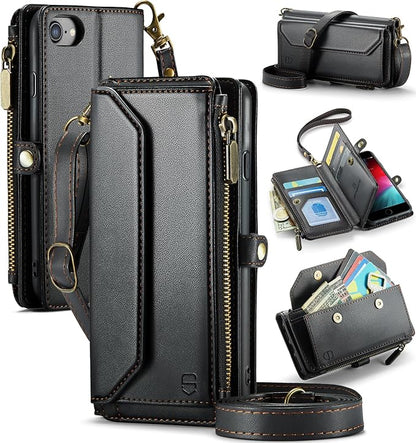 Strapurs Crossbody Wallet Case Compatible with iPhone SE/7/8 RFID Blocking 7-Card Holder Soft PU Leather Magnetic Snap Shoulder Strap Zipper Pocket Phone Cases Fit for iPhone SE 2020 2022 - Black