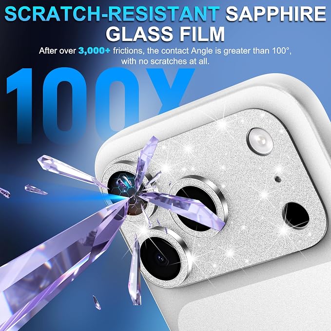 Suoman for iPhone 17 Pro Camera Lens Protector, [All-in-one] [Strong-Adhesion] Bling Glitter Independent Metal Frame Tempered Glass Camera Lens Cover -Silver