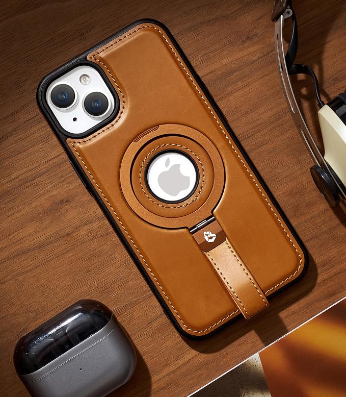 for iPhone 15 Plus/iPhone 14 Plus Leather Case with Stand, Anti-Slip Grip Ring, Fits for MagSafe (Brown, iPhone 15/14 Plus)