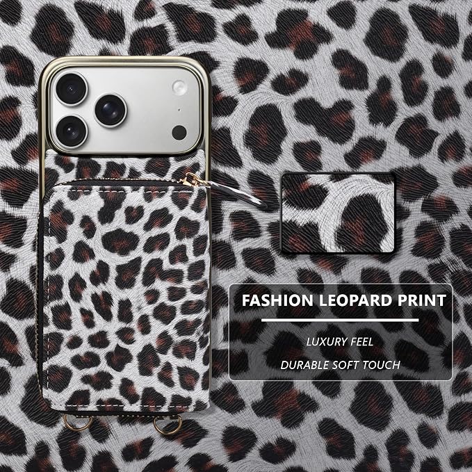 Keallce Wallet Case for iPhone 17 Pro Max 6.9", Crossbody Zipper Purse with Wristlet Strap, 4 Card Slots with RFID Blocking and Kickstand, Electroplated Leather Case for Women (White Leopard Print)