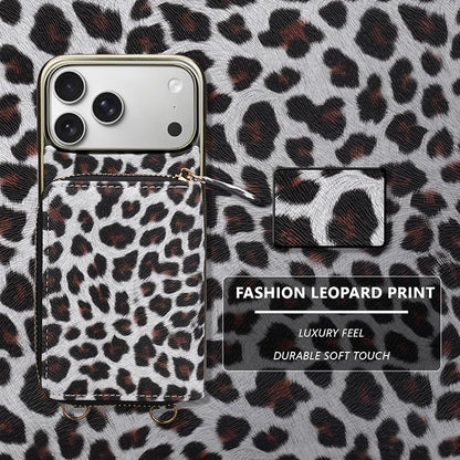 Keallce Wallet Case for iPhone 17 Pro Max 6.9", Crossbody Zipper Purse with Wristlet Strap, 4 Card Slots with RFID Blocking and Kickstand, Electroplated Leather Case for Women (White Leopard Print)