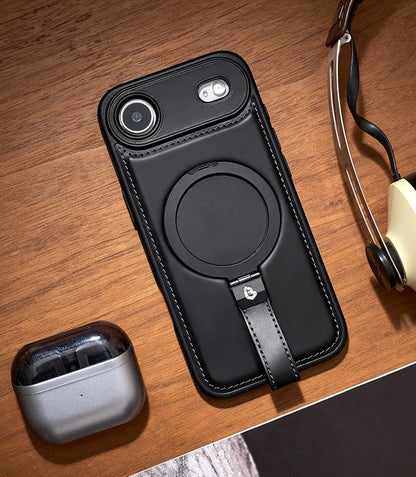 for iPhone Air Leather Case with Stand, Anti-Slip Grip Ring, Fits for MagSafe (Black, iPhone Air)