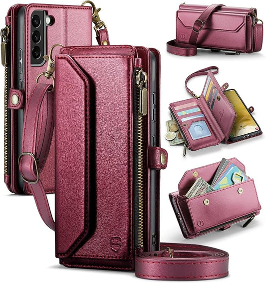 Strapurs Crossbody Wallet Case Compatible with Samsung Galaxy S22 Plus RFID Blocking Card Holder Soft PU Leather Magnetic Snap Strap Zipper Pocket Phone Case Fit for Galaxy S22+/ S22 Plus - Wine Red