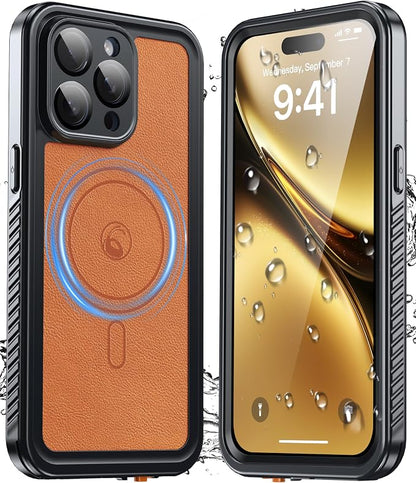 GOLDJU 2025 New Designed for iPhone 15 Pro Max Leather Case Waterproof, [Built-in Screen Protector, ][Compatible with MagSafe] Full Body Shockproof Protective Cover for iPhone 15 Pro Max 6.7''- Brown