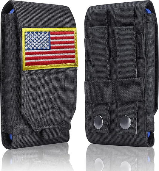 Black Tactical Molle Cellphone Pouch Case,Heavy Duty Waterproof Phone Holster Bag for iPhone 11 12 13 Pro Max for Samsung S22 S21 S20 FE Note 20 A13 A12 A02S Less 6.7" Phone with US Flag Patch