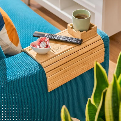 Couch Arm Tray Table with Cup Holder, No More Spills or Clutter, Bamboo Sofa Arm Tray for Drinks Snacks and Phone, Non Slip Foldable Couch Organizer