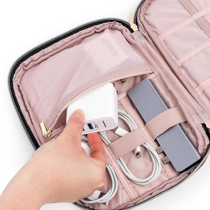 PAVILIA Travel Cord Organizer Case for Cables & Chargers, Pink Quilt | 10 x 6.8 x 1.7 in 600D water-repellent electronics bag pouch with 7 loops, 5 mesh pockets, front zip pocket and dual zippers