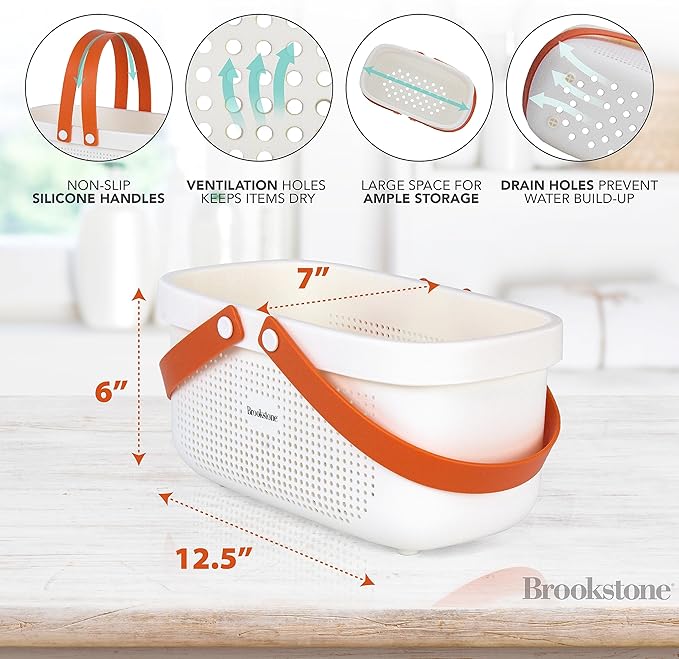 Brookstone Modern Large Portable Shower Caddy with Soft Silicone Carrying Handle, Bathroom Organizer Basket, Plastic Bath Tote and Shower Organizer, Quick Dry Drainage Holes, BPA Free, White