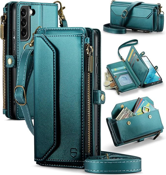 Strapurs Crossbody Wallet Case Compatible with Samsung Galaxy S22 5G RFID Blocking Card Holder Soft PU Leather Magnetic Snap Shoulder Strap Zipper Pocket Phone Case Fit for Galaxy S22 6.1" - BlueGreen