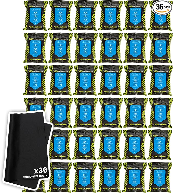 Fortress Electronic Wipes With Microfiber Cloth (25 ct, Pack of 36) To-Go Tech Wipes for Screens, Phones, Keyboards, TV Monitors, Computer Screens, and More [Travel Size] Skin-Safe