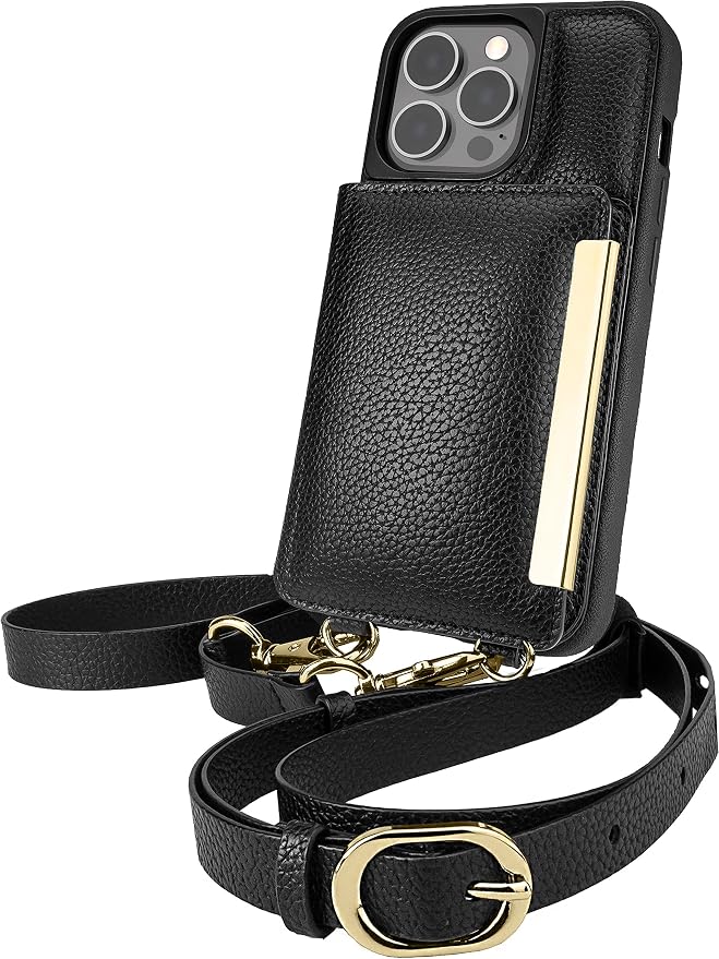 Smartish iPhone 13 Pro Crossbody Wallet Case for Women - Dancing Queen [Purse/Clutch with Detachable Strap & Wristlet] Protective Cover with Credit Card Holder - Stiletto Black-Gold